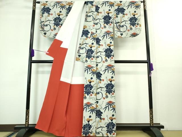 平和屋本店■極上 浦野理一 経節紬 型染 藍 草花文 逸品 DZAA8406kh5