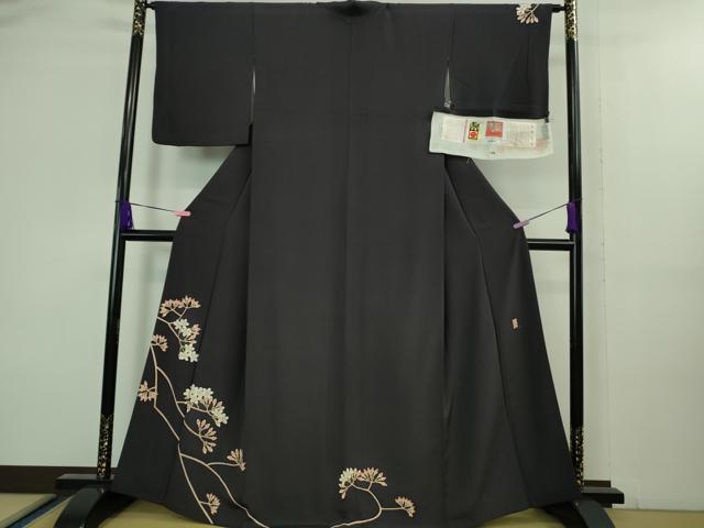 平和屋本店■極上 本加賀友禅作家 松井眞夫 訪問着 桜蕾 紫黒色地 証紙付き 逸品 DZAA8422kh5