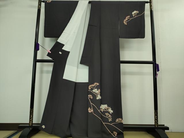 平和屋本店■極上 本加賀友禅作家 松井眞夫 訪問着 桜蕾 紫黒色地 証紙付き 逸品 DZAA8422kh5