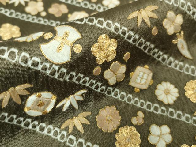 平和屋本店■極上 銀座きしや 訪問着 駒刺繍 絞り 宝尽くし花文 海松茶色地 金彩 たとう紙付き 逸品 未使用 DZAA8453kh5