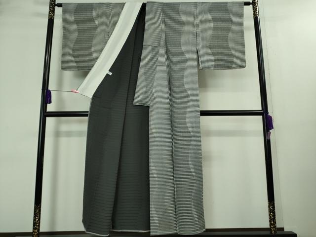 平和屋着物▽極上 お召 単衣 よろけ縞 黒地 逸品 未使用 DZAA8496kh5