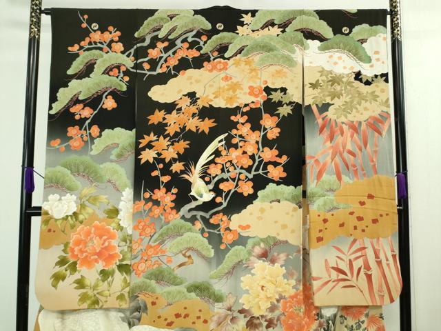 平和屋本店●極上 アンティーク 大正ロマン 振袖 相良刺繍 飛鶴吉祥花文 黒地 暈し染め 金彩 逸品 DZAA8503kh5