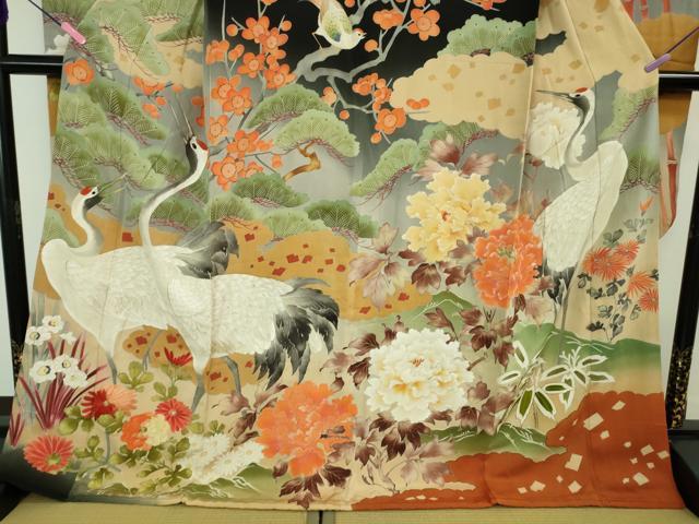 平和屋本店●極上 アンティーク 大正ロマン 振袖 相良刺繍 飛鶴吉祥花文 黒地 暈し染め 金彩 逸品 DZAA8503kh5
