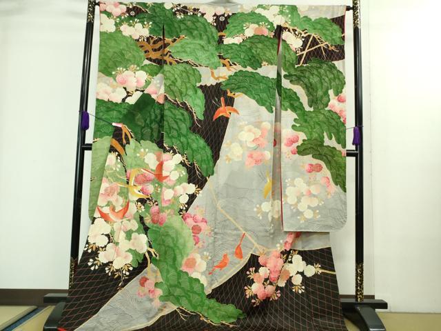 平和屋本店●極上 アンティーク 大正ロマン 振袖 お引きずり・お引き摺り 駒刺繍 飛鶴松桜文 黒地 金彩 逸品 DZAA8506kh5
