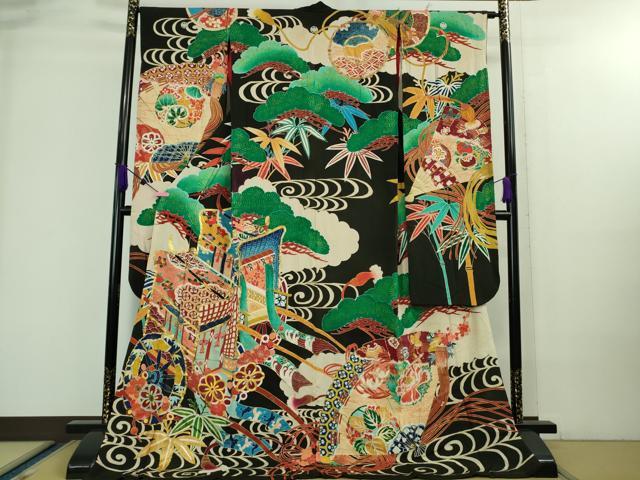 平和屋本店●極上 アンティーク 大正ロマン 振袖 お引きずり・お引き摺り 駒刺繍 御所車檜扇松文 黒地 金彩 逸品 DZAA8510kh5