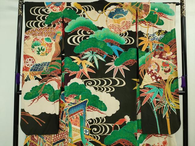 平和屋本店●極上 アンティーク 大正ロマン 振袖 お引きずり・お引き摺り 駒刺繍 御所車檜扇松文 黒地 金彩 逸品 DZAA8510kh5