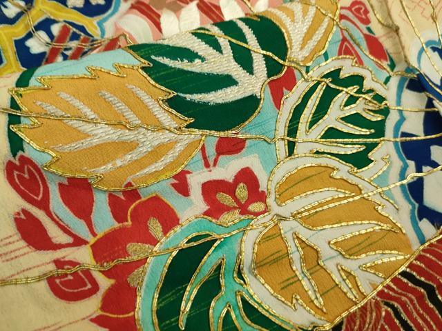 平和屋本店●極上 アンティーク 大正ロマン 振袖 お引きずり・お引き摺り 駒刺繍 御所車檜扇松文 黒地 金彩 逸品 DZAA8510kh5