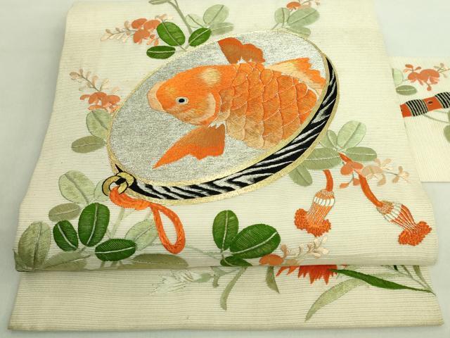 平和屋本店*極上 夏物 アンティーク 大正ロマン 九寸名古屋帯 総手刺繍 鯉 逸品 DZAA8556kh5