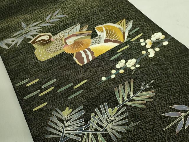 平和屋着物●極上 人間国宝・羽田登喜男 つけ帯 刺繍 鴛鴦花文 黒地 金銀糸 逸品 DZAA8563kh5