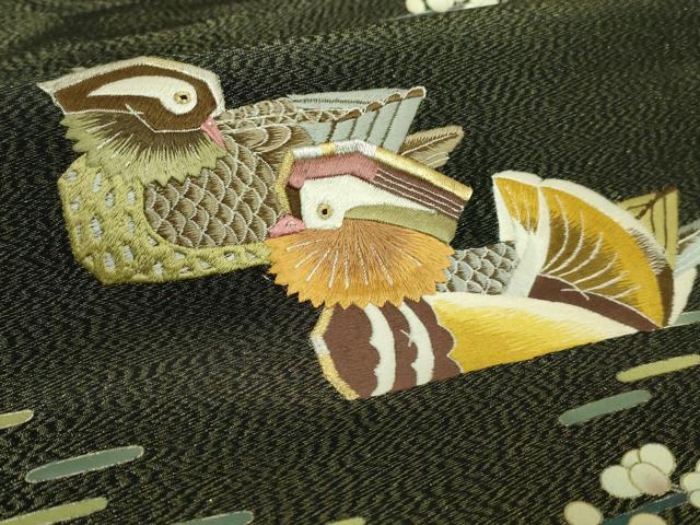 平和屋着物●極上 人間国宝・羽田登喜男 つけ帯 刺繍 鴛鴦花文 黒地 金銀糸 逸品 DZAA8563kh5