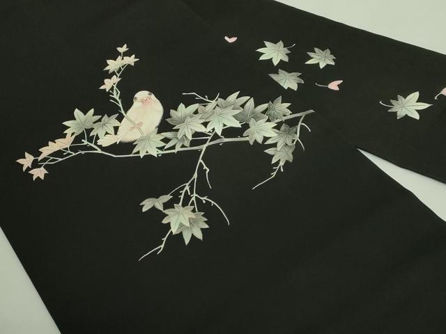 平和屋着物●極上 アンティーク 大正ロマン 塩瀬 九寸名古屋帯 手描き 枝花に小鳥 黒地 逸品 DZAA8588kh5
