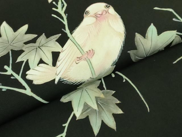 平和屋着物●極上 アンティーク 大正ロマン 塩瀬 九寸名古屋帯 手描き 枝花に小鳥 黒地 逸品 DZAA8588kh5