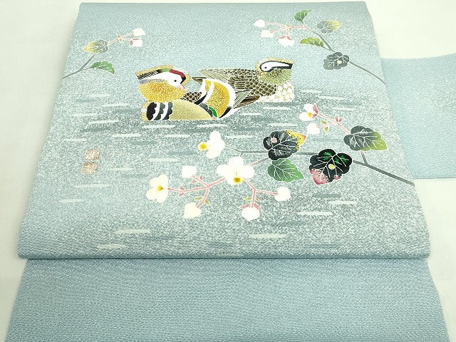 平和屋本店■極上　人間国宝・羽田登喜男　九寸開き名古屋帯　鴛鴦　宝尽くし　黒地　金銀彩　鬼しぼ縮緬　逸品　DZAA5834kh5 平和屋着物□極上 人間国宝・羽田登喜男 九寸名古屋帯 鴛鴦花文