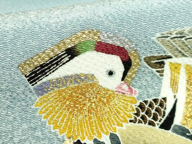 平和屋着物■極上 人間国宝・羽田登喜男 九寸名古屋帯 鴛鴦花文 秘色色地 金銀彩 鬼しぼ縮緬 逸品 DZAA8594kh5