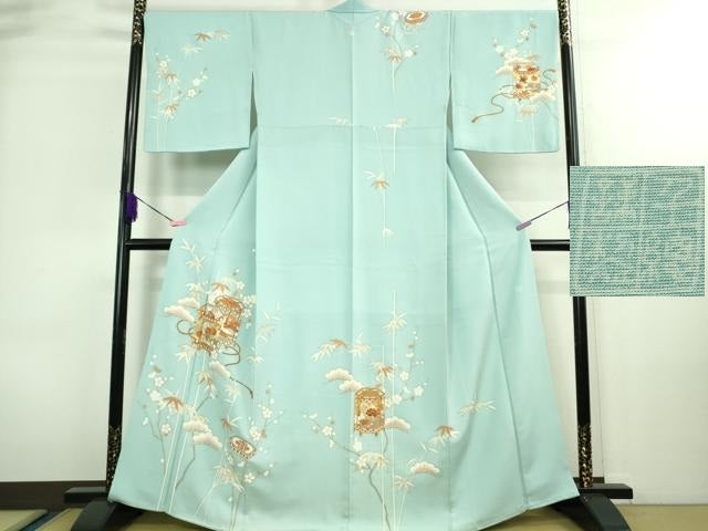 平和屋本店■極上 創業460年・千總 訪問着 駒刺繍 貝桶吉祥花文 水色地 金彩 高島屋扱い 逸品 DZAA8668kh5