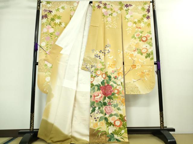平和屋本店■極上 創業460年・千總 振袖 駒刺繍 吉祥花文 蜂蜜色地 暈し染め 金彩 三越扱い 逸品 DZAA8669kh5