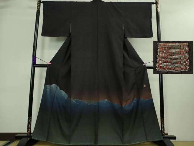平和屋本店■極上 伝統工芸士 曽根武勇 色留訪問着 お召地 遠山文 紫黒色地 銀糸 逸品 未使用 DZAA8674kh5