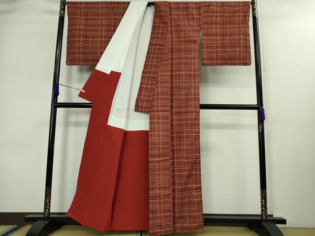 平和屋本店■極上 郡上紬 草木染 格子 反端付き 逸品 未使用 DZAA8676kh5