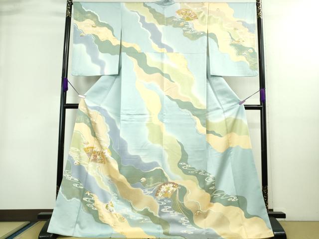 平和屋本店■極上 創業460年・千總 訪問着 駒刺繍 檜扇 貝合わせ 白藍色地 暈し染め 金彩 ロング丈 逸品 DZAA8692kh5