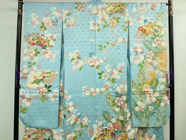 平和屋本店■極上 創業460年・千總 振袖 駒刺繍 宝尽くし 扇面花文 空色地 金彩 高島屋扱い 逸品 DZAA8693kh5