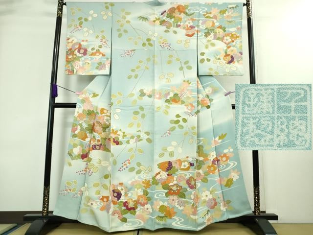 平和屋本店■極上 創業460年・千總 訪問着 駒刺繍 吉祥花文 水色地 暈し染め 金彩 松坂屋扱い 逸品 DZAA8696kh5