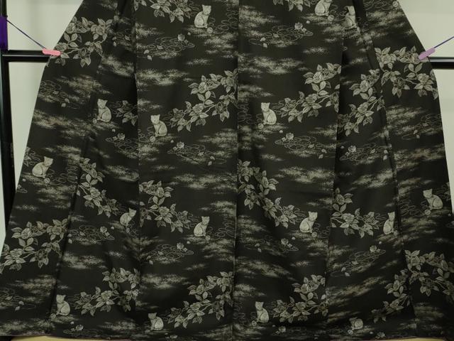 平和屋本店■極上 本場大島紬 9マルキ 猫 ネコ 毛糸 枝椿 黒地 さが美扱い 逸品 DZAA8740kh5