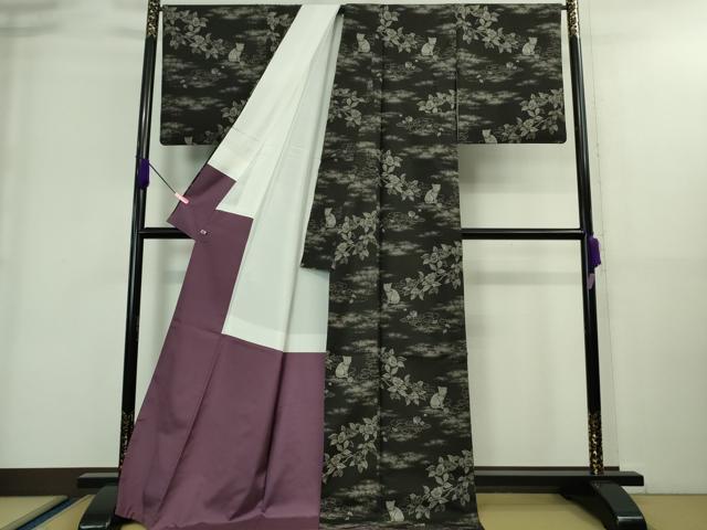 平和屋本店■極上 本場大島紬 9マルキ 猫 ネコ 毛糸 枝椿 黒地 さが美扱い 逸品 DZAA8740kh5