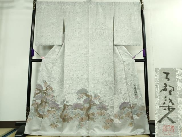 平和屋本店■極上 山岡古都・古都染人 染織美術品 薬墨染 天目織 お召 訪問着 松竹梅 逸品 DZAA8744kh5