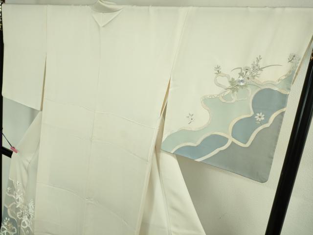 平和屋本店■極上 訪問着 総刺繍 結び紐 草花文 象牙色地 逸品 未使用 DZAA8747kh5