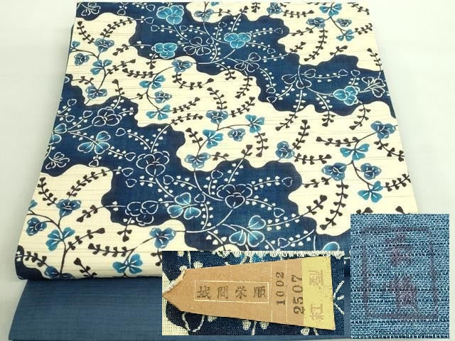 平和屋本店■最高級 夏物 城間栄順 本場琉球紅型 九寸開き名古屋帯 草花文 麻 反端・紙タグ付き 逸品 未使用 DZAA8772kh5