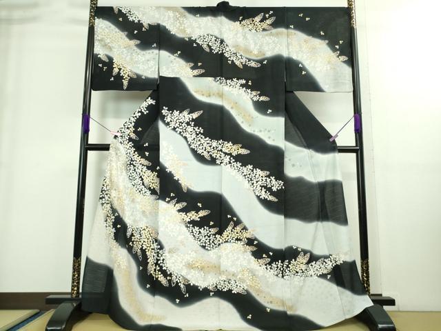 平和屋本店■極上 夏物 訪問着 市松紋絽 駒刺繍 花萩文 暈し染め 黒地 金彩 逸品 DZAA8858kh5