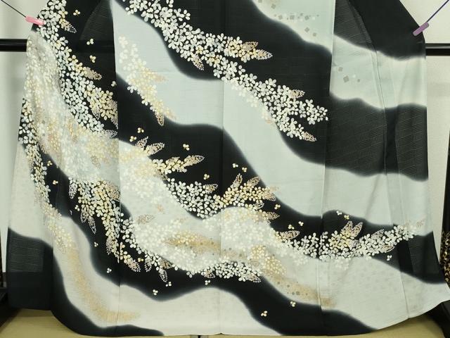 平和屋本店■極上 夏物 訪問着 市松紋絽 駒刺繍 花萩文 暈し染め 黒地 金彩 逸品 DZAA8858kh5