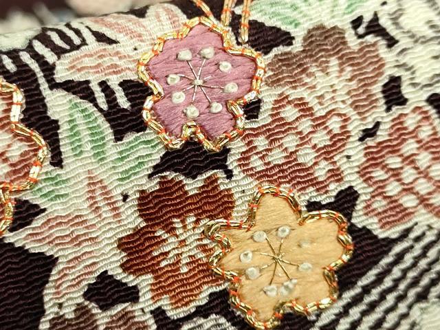 平和屋本店■極上 九寸名古屋帯 駒刺繍 御所解時 黒檀色地 鬼しぼ縮緬 逸品 DZAA8954kh5