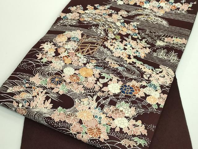 平和屋本店■極上 九寸名古屋帯 駒刺繍 御所解時 黒檀色地 鬼しぼ縮緬 逸品 DZAA8954kh5
