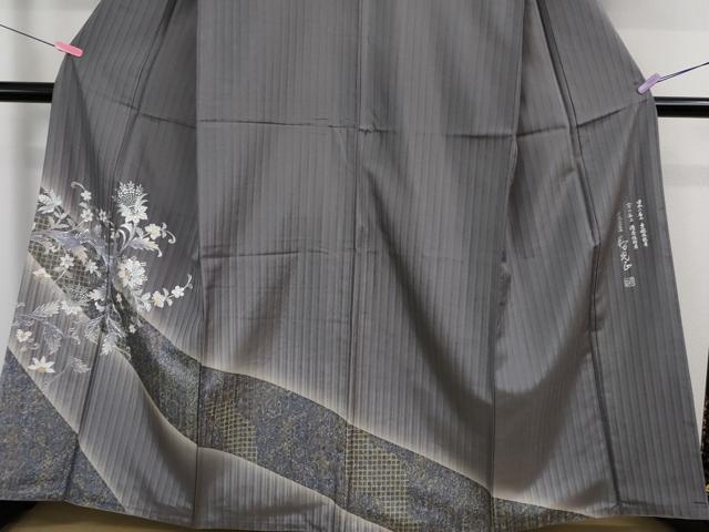 平和屋本店■極上 金彩友禅 卓越技能者・名工・和田光正 訪問着 紬地 花唐草文 薄鼠色地 暈し染め 金銀彩 まるやま扱い 逸品 DZAA9076kh5