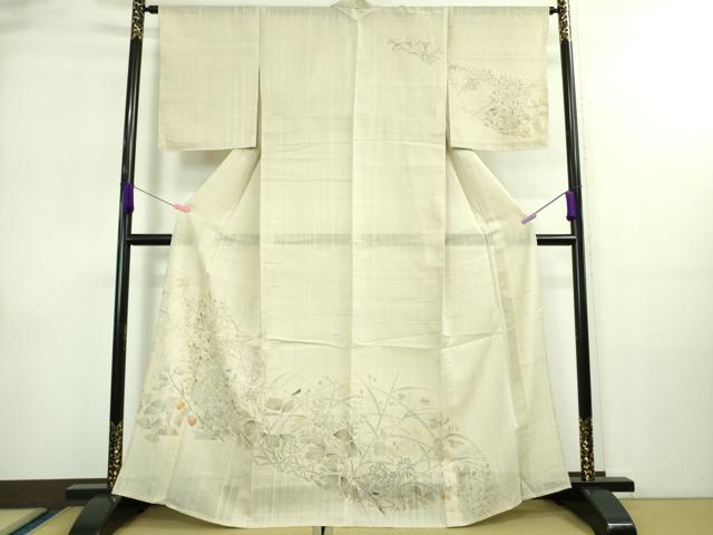 平和屋着物*極上 夏物 訪問着 生紬 手描き 秋草 鬼灯 ほおずき 蜻蛉 練色地 逸品 未使用 DZAA9102kh5