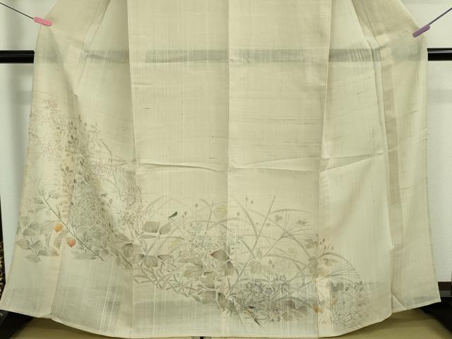 平和屋着物*極上 夏物 訪問着 生紬 手描き 秋草 鬼灯 ほおずき 蜻蛉 練色地 逸品 未使用 DZAA9102kh5