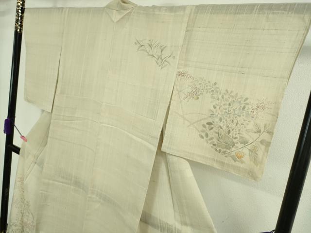 平和屋着物*極上 夏物 訪問着 生紬 手描き 秋草 鬼灯 ほおずき 蜻蛉 練色地 逸品 未使用 DZAA9102kh5