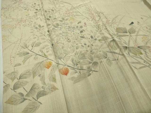 平和屋着物*極上 夏物 訪問着 生紬 手描き 秋草 鬼灯 ほおずき 蜻蛉 練色地 逸品 未使用 DZAA9102kh5