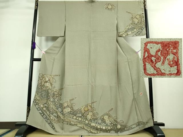 平和屋着物●極上 樋熊哲也 訪問着 辻が花 絞り 手描き 訪問着 几帳 灰汁色地 逸品 未使用 DZAA9119kh5