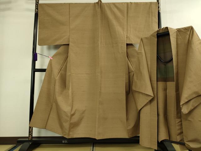 平和屋本店■極上 男性 紬 アンサンブル キングサイズ 長羽織 色無地 朽葉色 逸品 DZAA9215kh5