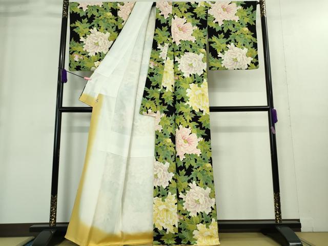 平和屋着物■極上 京の名門 友禅 染の北川 小紋 牡丹 黒地 金彩 鬼しぼ縮緬 三越扱い 逸品 DZAA9238kh5