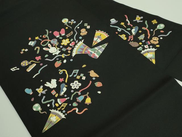 平和屋着物■極上 塩瀬 九寸名古屋帯 クラッカー 兎 ペンギン 苺 黒地 金彩 逸品 DZAA9292kh5
