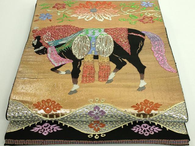 平和屋本店■最高級 龍村平蔵製 太鼓柄 本袋帯 天笠装駒錦 黒地 金銀糸 逸品 DZAA9330kh5