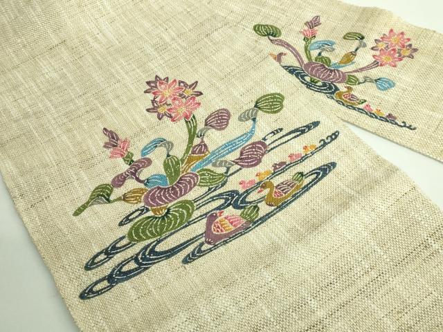 平和屋本店●極上 夏物 本場琉球紅型 琉球びんがた 知念紅型研究所 知念積元 八寸名古屋帯 流水花鳥文 麻 反端付き 逸品 DZAA9340kh5