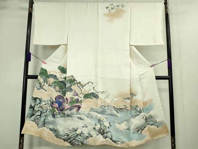 平和屋本店■極上 男性 訪問着 手描き 孔雀 白鷺 小鳥 象牙色地 逸品 DZAA9383kh5