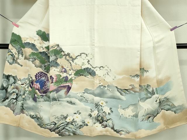 平和屋本店■極上 男性 訪問着 手描き 孔雀 白鷺 小鳥 象牙色地 逸品 DZAA9383kh5