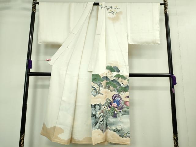 平和屋本店■極上 男性 訪問着 手描き 孔雀 白鷺 小鳥 象牙色地 逸品 DZAA9383kh5