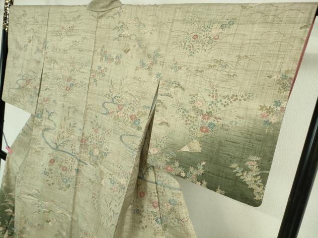 平和屋着物▽極上 染織の名門 しょうざん 生紬 訪問着 単衣 流水草花扇文 反端付き 逸品 DZAA9406kh5