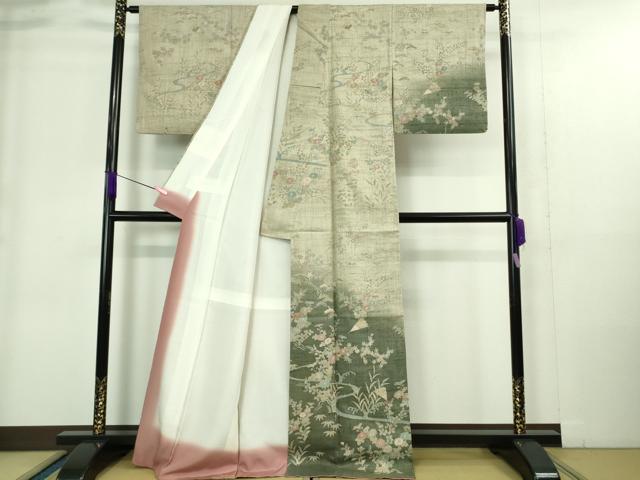 平和屋着物▽極上 染織の名門 しょうざん 生紬 訪問着 単衣 流水草花扇文 反端付き 逸品 DZAA9406kh5